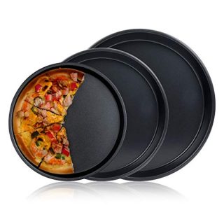 peinat Pizza Pan, 3PCS Pizza Baking Pan Black Baking Sheets for Oven Nonstick Round Pizza Tray 8/9/10 inch Bakeware Carbon Steel Sheet Pans for Cooking Multifunction