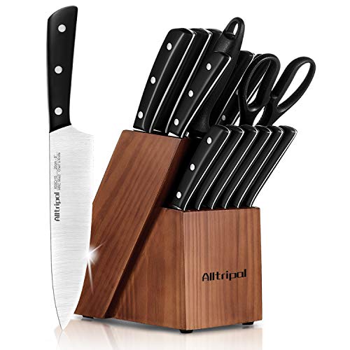 Alltripal Knife Set 16 Pieces Kitchen Knife Set with Wooden Block Forged Premium German Stainless Steel with Japanese Designed Pom Handle and Sharpener Shear Six Steak Knives (Black)