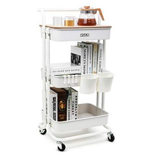 DTK 3 Tier Utility Rolling Cart with Cover Board, Rolling Storage Cart with Handle and Locking Wheels Kitchen Cart with 2 Small Baskets and 4 Hooks for Bathroom Office Balcony Living Room(White)