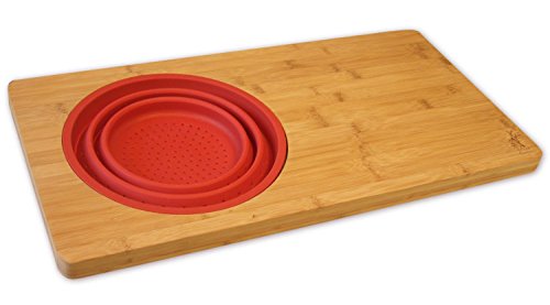Island Bamboo Kitchen Cutting Board - Over the Sink Cutting Boards with Collapsible Strainer, Perfect Large Wooden Bamboo Sink Shelf for Chopping, Slicing, and Dicing, Fits Most Sinks