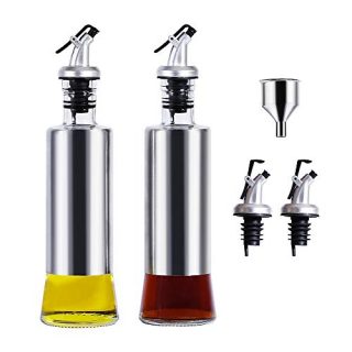 Olive Oil Dispenser Bottle, 2Pcs Premium Glass Stainless Steel Oil Vinegar Dispenser Pouring Spouts Soy Sauce Container for Kitchen,11OZ, BPA Free