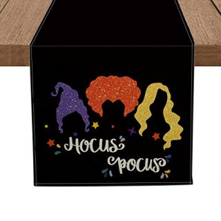 Artoid Mode Hocus Pocus Black Table Runner, Seasonal Halloween Holiday Tablecloth Kitchen Dining Table Linen for Indoor Outdoor Home Party Decor 13 x 72 Inch