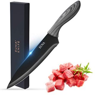 EUNA 8 Inch Chefs Knife Ultra Sharp Chopping Knife with Sheath & Gift Box Kitchen Knives for Multipurpose Cooking Professional with Ergonomic Handle Grey Wood Texture