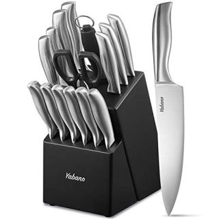 Yabano Knife Set High Carbon Stainless Steel Kitchen Knife Set 16 PCS, Super Sharp, Upgraded Anti-rust Cutlery Knife Set with Wood Block, Steak Knives and Knife Sharpener, Black