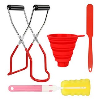4Pcs Canning Supplies Include Canning Jar Lifter Tongs with Grip Handle Canning Jars Lifter Wide Mouth Foldable Funnel Sponge Brush and Jam Spatula for Kitchen Canning Kits Canning Accessories (Red)