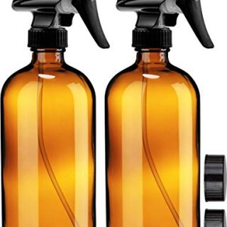 Empty Amber Glass Spray Bottles with Labels (2 Pack) - 16oz Refillable Container for Essential Oils, Cleaning Products, or Aromatherapy - Durable Black Trigger Sprayer w/Mist and Stream Settings