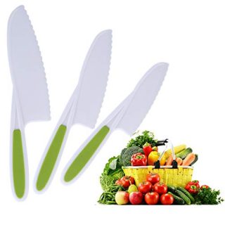 3-Piece Plastic Kids Knife Set - Salad Lettuce Knife for Children - Kid Safe Kitchen Cooking Chef Nylon Knife - Perfect Cutting Knives for Fruit, Vegetables, Cake, Bread, Green