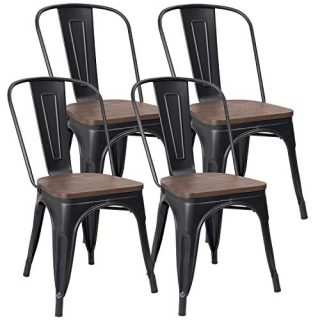 JUMMICO Metal Dining Chair Stackable Industrial Vintage Kitchen Chairs Indoor-Outdoor Bistro Cafe Side Chairs with Back and Wooden Seat Set of 4 (Gold Black)