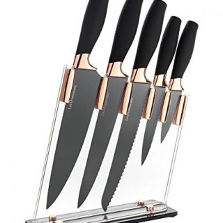 6 Piece Knife Set | 5 Beautiful Rose Gold Knives with Knife Block | Sharp Kitchen Knife Sets | Multiple Size, All Purpose Kitchen Knives | 8” Chef, Bread, Carving Knife | Utility & Paring Knife