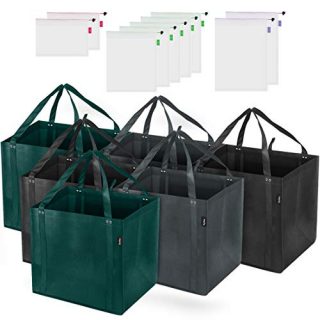 Syntus 15 Pack Reusable Grocery Mesh Produce Bag Set - 6 Foldable Fabric Totes Large Shopping Boxes with Inner Pocket Reinforced Bottom and 9 Eco-friendly Breathable See-through Mesh Produce Bags