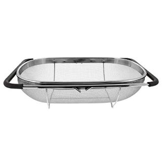 Makerstep Over the Sink Colander Strainer Basket Stainless Steel, For Kitchen Sink with Rubber Grip, Fine Mesh Stainless Steel, Large, Expandable Metal Strainer for Pasta, Food, Vegetables