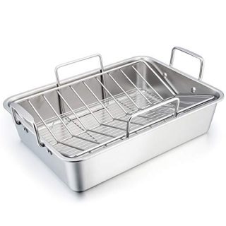 TeamFar Roasting Pan, 15 Inch Large Turkey Roaster Lasagna Pan with V Rack & Cooling Rack Set Stainless Steel For Thanksgiving Christmas, Healthy & Heavy Duty, Deep Side & Dishwasher Safe - 3 PCS