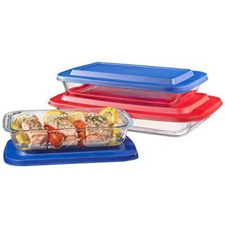 Bovado USA Set of 3 Upgraded Rectangular Glass Bakeware Set with Multi-Color BPA-Free Lids | Superior Oblong Glass Baking Dishes for Casseroles, Lasagna, Leftovers, Cooking, | Essential Kitchen Items