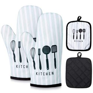 DUTOUE Oven Mitts and Potholders Professional Heat Resistant Cotton Oven Mitts Kitchen Gloves for Cooking,Baking,BBQ - Oven Mitts and Potholders 4 Piece Set(Light Green)