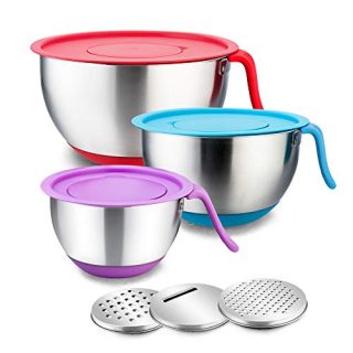 Stainless Steel Mixing Bowls with Lids, E-far Metal Mixing Bowl Set with 3 Graters, Long Handle, Pour Spout, Non-Slip Bottom & Stackable, Great for Cooking, Baking, Prepping, Set of 3-5/3/1.5 QT