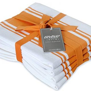 AMOUR INFINI Classic Stripe Kitchen Dish Towels | 4 Pack | 28 x 20 Inch, Over Sized | Multi-use Kitchen Towels |100% Ring Spun Premium Cotton | Highly Absorbent Tea Towels | Orange