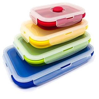 Set of 4 Collapsible Silicone Food Storage Container, Leftover Meal box For Kitchen, Bento Lunch Boxes, BPA Free, Microwave, Dishwasher and Freezer Safe. Foldable Thin Bin Design Saves Your Space.