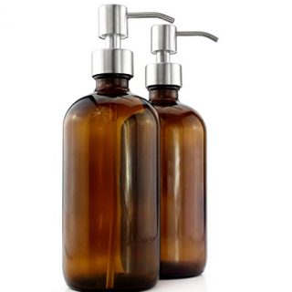 Cornucopia Brands 16-Ounce Amber Glass Bottles w/Stainless Steel Pumps (2-Pack); Lotion & Soap Dispenser Brown Boston Round Bottles for Aromatherapy, DIY, Home & Kitchen
