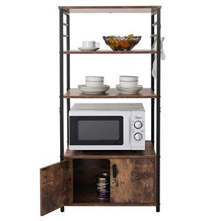 IWELL Tall Kitchen Baker's Rack with Storage Cabinet & 8 Hooks, Microwave Stand with 3 Shelves, Microwave Cabinet with Storage, Cupboard, Sideboard, Utility Storage Shelf for Kitchen, Brown