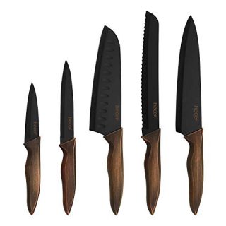 Hecef Kitchen Knife Set,Stainless Steel Super Sharp Blade Chef Knife Set with Food Grade Black Color Coating,Includes Chef,Bread,Santoku,Utility and Paring Knife with Matching Blade Guards