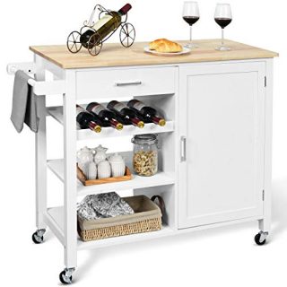 Island Cart Rolling Kitchen Serving Cart Wood Trolley with Drawer