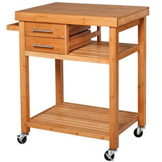 HOMCOM Bamboo Rolling Kitchen Island Trolley Utility Cart with Rolling Wheels, 2 Storage Drawers & Adjustable Shelving