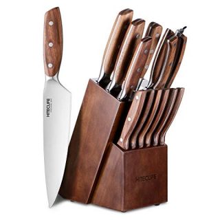 HITECLIFE Knife Set With Block Wooden,14 Pieces Knives Sets For kitchen,High Carbon Stainless Steel Cutlery With Sharpener, Chef Knife, 6 Steak Knives, Solid Wood Handle