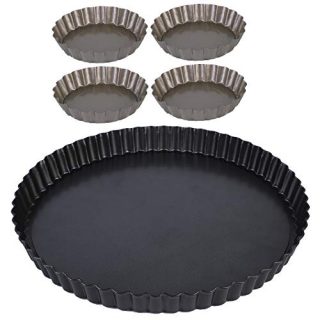 Tart Pan, Removable Bottom Quiche Pan Includes A 9.5 Inch Tart Pan And Four 3.5-Inch Tart Pans. Carbon Steel Material With Non-Stick Coating, Suitable For Kitchen Cooking And Baking. (5 Packs)
