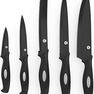 Vremi 10 Piece Black Knife Set - 5 Kitchen Knives with 5 Knife Sheath Covers - Chef Knife Sets with Carving Serrated Utility Chef's and Paring Knives - Magnetic Knife Set with Matching Black Case