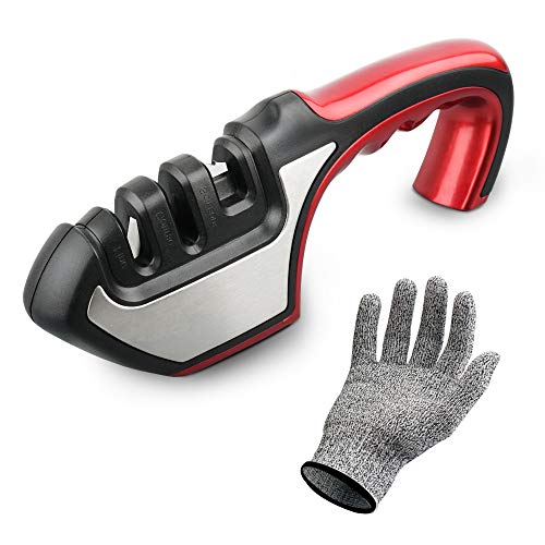 Kitchen Knife Sharpener, Xpatee knife and Scissors Sharpener with Level 5 Cut-Resistant Gloves, 3-Slot Knife Sharpening Tool to help Repair, Restore and Polish Blades for Kitchen (Red)