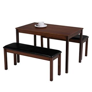 Mecor Wood Dining Table w/ 2 Padded Benches, 3-Piece Kitchen Table PU Leather Benches Set Solid Wood Frame, Dining Kitchen Furniture, Brown