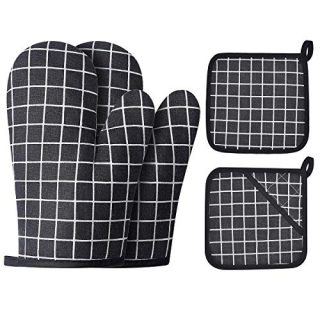 Win Change Oven Mitts and Potholders BBQ Gloves-Oven Mitts and Pot Holders with Recycled Cotton Infill Silicone Non-Slip Cooking Gloves for Cooking Baking Grilling (4-Piece Set,Black)