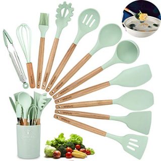 VIVAYO Silicone Cooking Utensil Kitchen Utensils Set, 12 Pieces Silicone Kitchen Utensil Wooden Handles, Kitchen Spatula Sets with Holder Spoon Turner Tongs,Mint Green