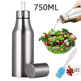 Nifogo Oil Bottle Pot Kitchen Stainless Steel Olive Oil/Vinegar/Sauce Cruets Dispenser, Stainless Steel Pour Spout, Cooking Oil Vinegar Dispenser Set for Kitchen and BBQ (750ml+Oil Brush)