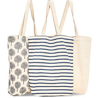 Juvale 3-Pack Reusable Cotton Grocery Shopping Tote Bags, 3 Designs, 15 x 16.5 x 3.5 Inches