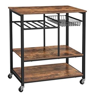 VASAGLE ALINRU Kitchen Cart, Kitchen Baker’s Rack, Utility Storage Shelf with Bottle Holder, Industrial Microwave Stand, Rustic Brown UKKS80X