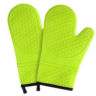N / A Silicone Oven Mitts, Kitchen Oven Glove,Non-Slip Kitchen Cooking Oven Mitts with Quilted Liner, High Heat Resistant 500 Degree,Waterproof, Green, 1 Pair, 11.7 Inch