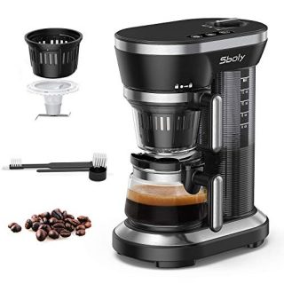 Sboly Grind and Brew Automatic Coffee Machine, Single Cup Coffee Maker with a 12oz Glass Coffee Pot and Built-in Coffee Grinder, Black