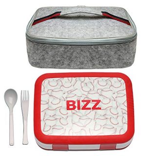 Bizz Bento Box Lunchbox & Bag Set with Utensils, Removable Microwaveable Dishwasher Safe Tray, Kids Adults, Leakproof 5-Compartment Food Storage Container Baseball, Felt Insulated Tote Lunch Bag