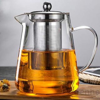 NUTMEG Glass Teapot Stovetop Save - Tea Kettle with Removable Food Grade Stainless Steel Infuser & Lid for Blooming and Loose Leaf Tea Maker - (550 ml/19.3 OZ)