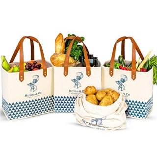 Mr Eco&Co Reusable Grocery Bags Heavy Duty - 4 Pack of Washable, Foldable Shopping Bags Made From Strong, Sturdy Leather Handles and 100% Cotton Canvas, Perfect for Shops, Markets or Storage