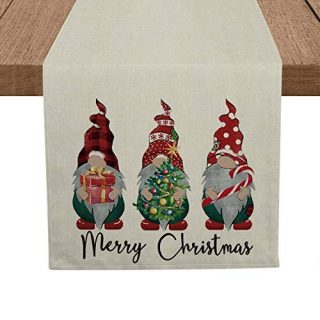 Artoid Mode Buffalo Plaid Polka Dot Gnomes Table Runner Gift Tree Candy Canes, Seasonal Winter Christmas Holiday Tablecloth Kitchen Dining Table Linen for Indoor Outdoor Home Party Decor 13 x 72 Inch