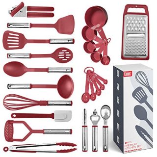 Kitchen Utensil Set, 24 Nylon and Stainless Steel Cooking Utensils, Non-Stick and Heat Resistant Kitchen Gadgets, Best Kitchen Tools, Useful Pots and Pans Accessories (Red)