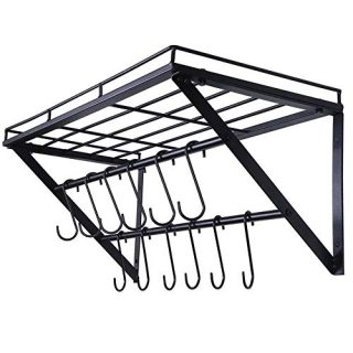 OROPY Wall Mounted Pot Rack Storage Shelf with 2 Tier Hanging Rails 12 S Hooks included, Ideal for Pans, Utensils, Cookware, Plant Black