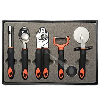 ALMAAZ 5-In-1 Kitchen Gadget Set - Can Opener, Pizza Cutter, Ice Cream Scoop, Apple Corer, Fruit & Vegetable Peeler - Deluxe, Top-Grade Stainless Steel - Premium Cooking Accessories in Elegant Box