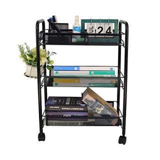 OVICAR Mesh Utility Cart, Rolling Basket Stand for Kitchen & Bathroom, Full Metal Storage Art Trolley Carts with Wheels & 4 Side Hooks (Black)