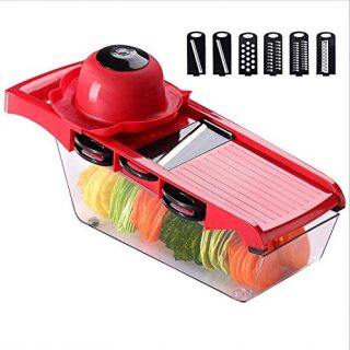Caithly Multi-function Vegetable Slicer And Fruit Chopper, Kitchen Cutter 6 Interchangeable Blades And Peeler, Hand Protector, Food Storage Container - Potato, Tomato, Onion,Cucumber, Etc. (gules)