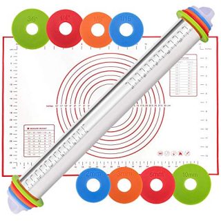 SNUGROM Adjustable Rolling Pin and Baking Mat Set, 17 inch Large Stainless Steel French Style Dough Roller for Baking Pizza Pie Pastry and Cookie
