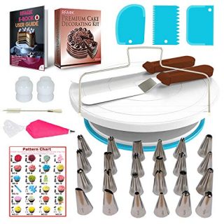 RFAQK 64 PCs Cake decorating supplies with Cake Turntable-Cake leveler- 24 Numbered Icing Piping Tips with Pattern Chart and EBook- Straight & Angled Spatula-30 Icings Bags- 3 Icing Comb Scraper set