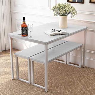 Dining Table Set, Hinpia 3 Pieces Modern Kitchen Table Set with 2 Benches, Wood Tabletop with Metal Frame (White)